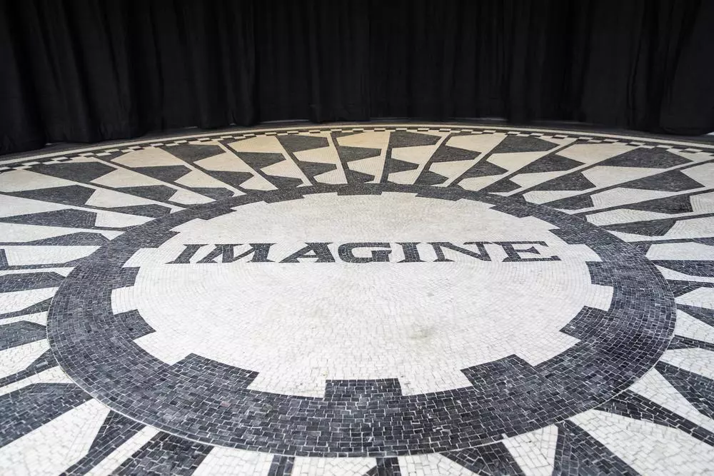 Image Mosaic Floor as tribute to John Lennon on Strawberry Field bandstand in Liverpool