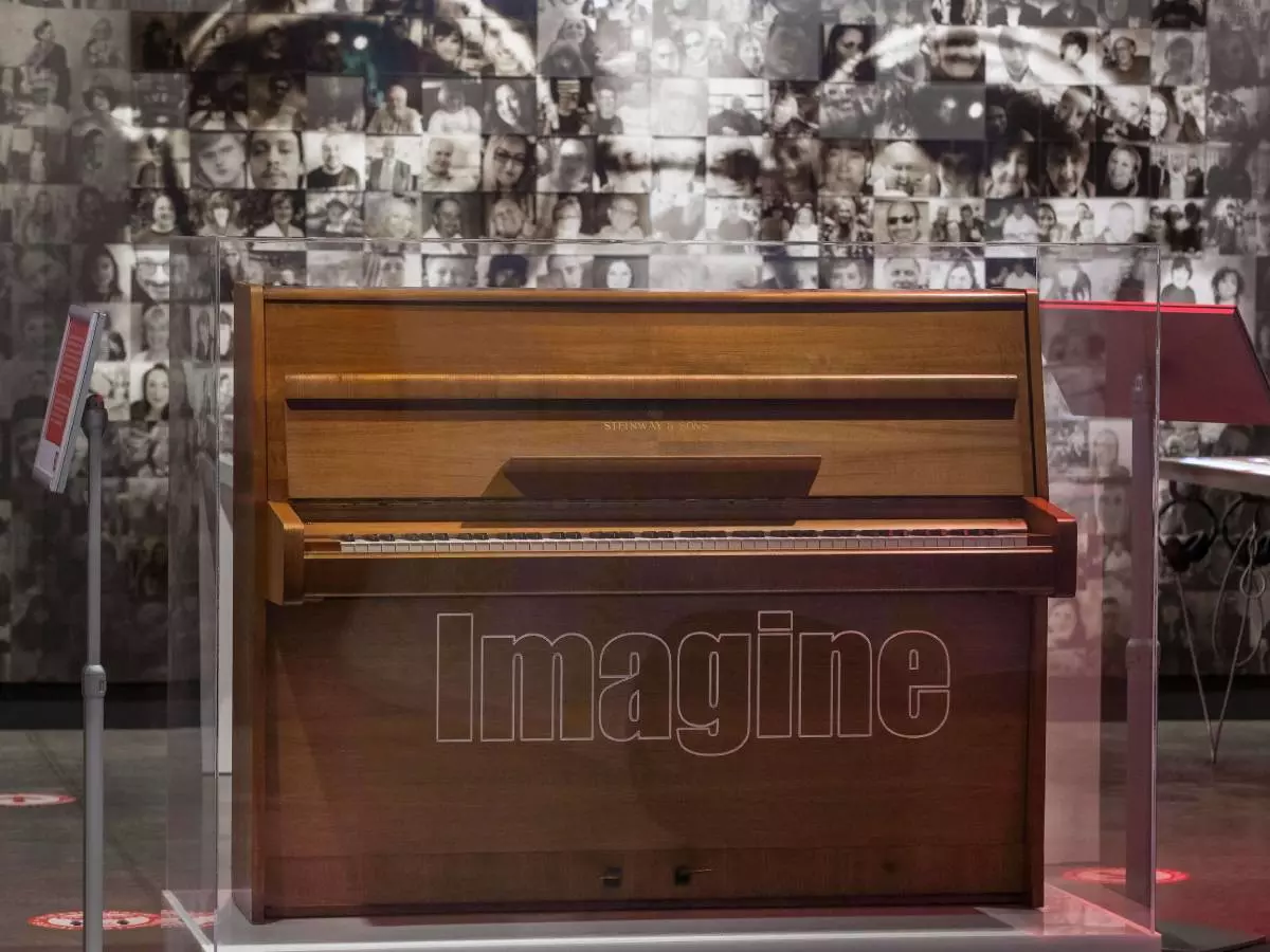 John Lennon's Imagine piano in the Strawberry Field interactive exhibition Beatles museum