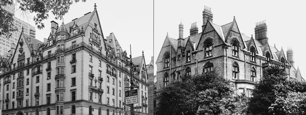The Dakota Building and Strawberry Field side by side, both grandiose buildings that look very similar.
