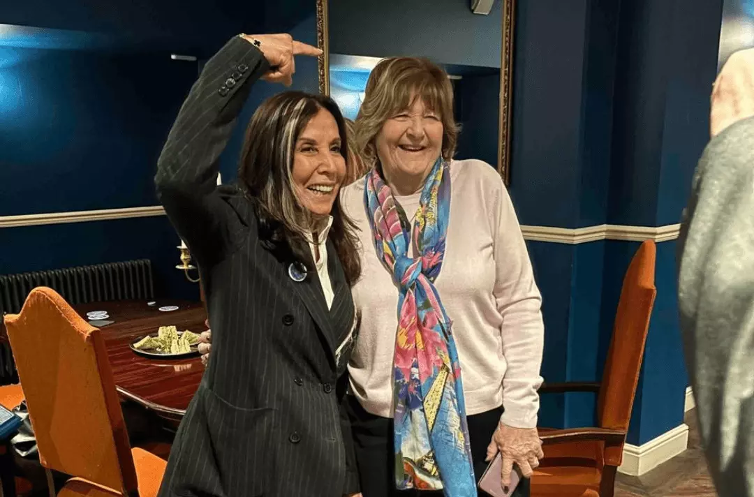 Oliva Harrison with Freda Kelly Good Ol' Freda at unveiling of blue plaque for George Harrison at 12 Arnold Grove Wavertree Liverpool
