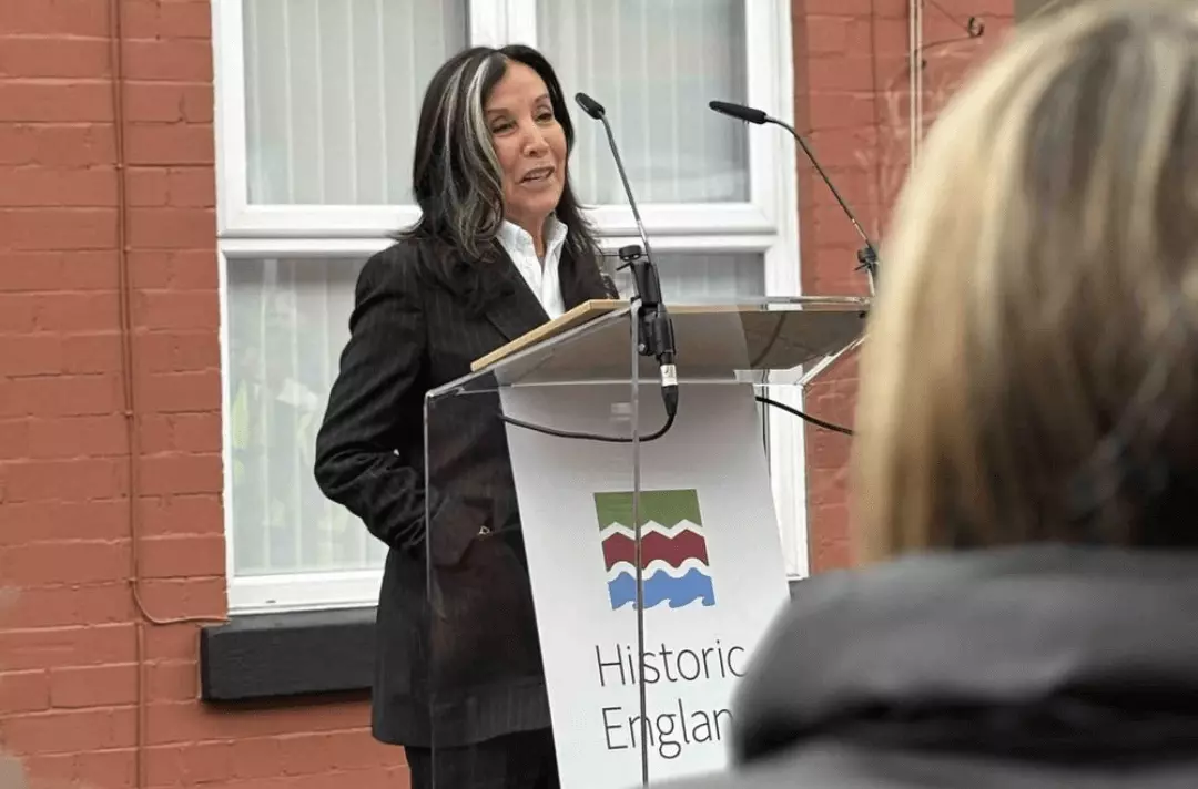 Olivia Harrison at the unveiling of blue plaque for George Harrison at 12 Arnold Grove