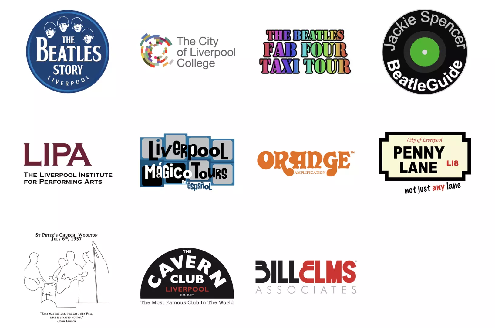 Logos of the partners of Strawberry Field - Beatles Story, Liverpool College, Fab Four Taxi Tour, Beatle Guide, The Liverpool Institute for Performing Arts, Liverpool Magico Tours, Orange Amps, Penny Lane, St Peters Church, Cavern Club, Bill Elms Associates