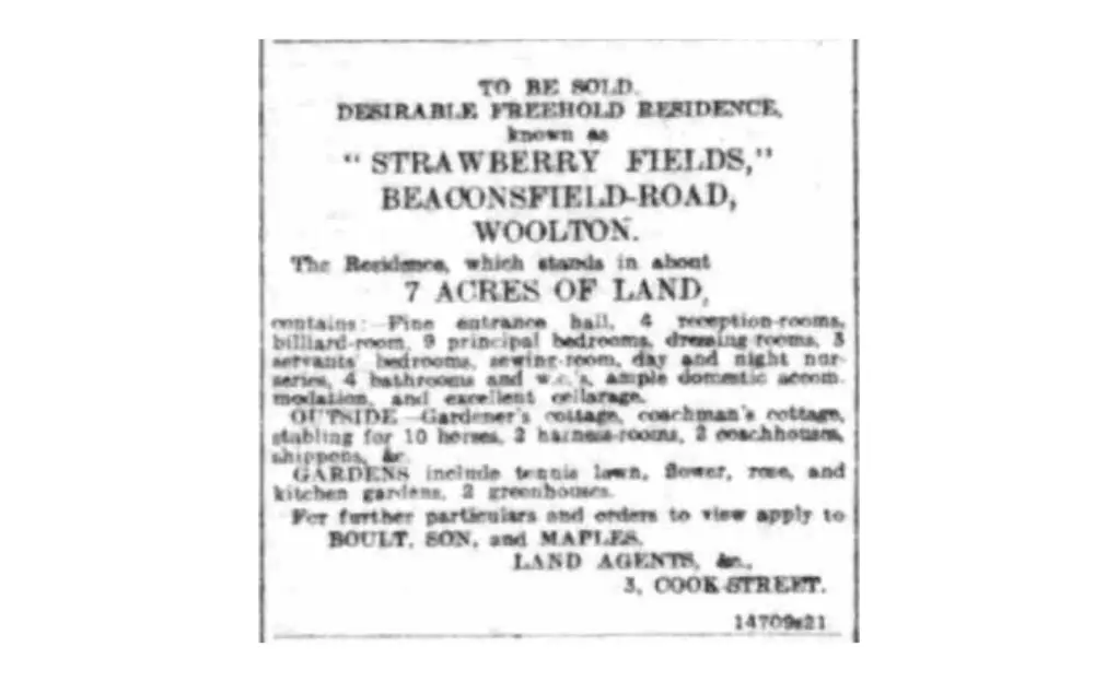 A newspaper clipping showing 'Strawberry Fields' for sale