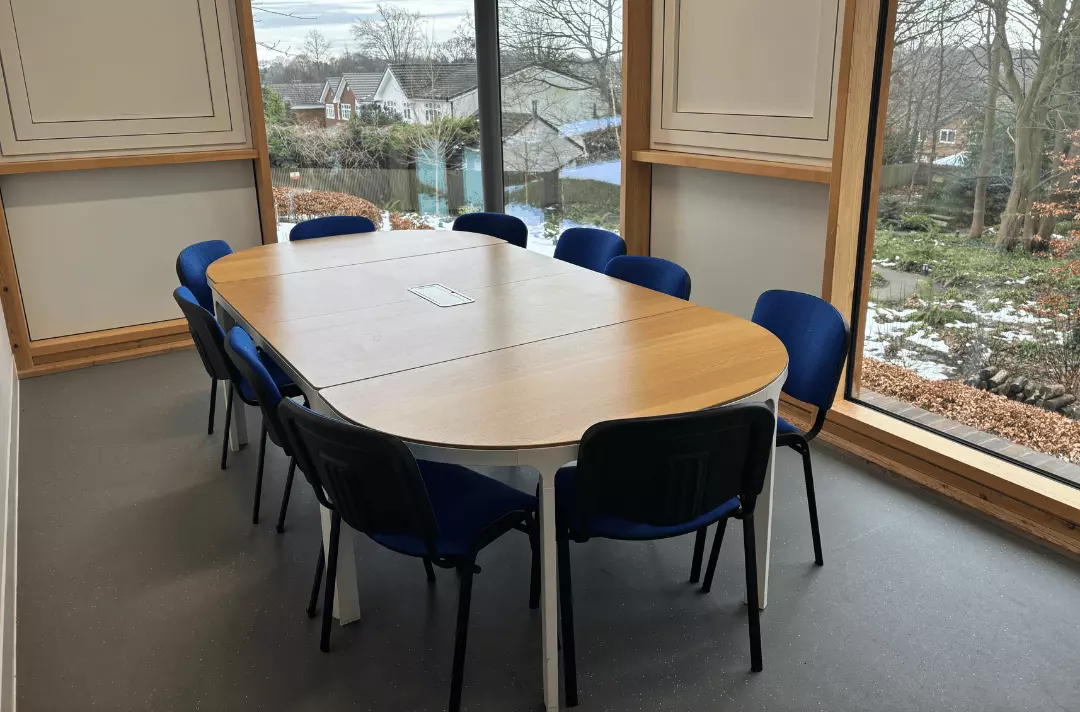 Room with a View. Boardroom with chairs and large windows in the background