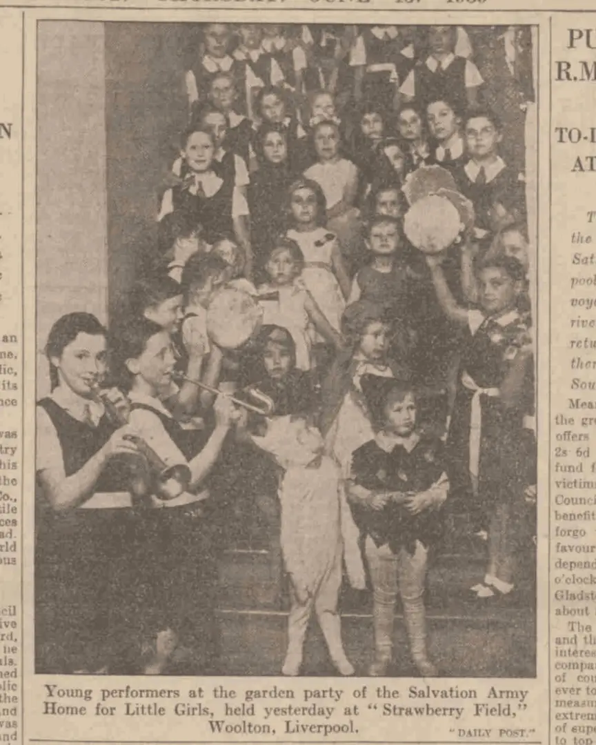 A newspaper clipping showing young performers at the Strawberry Field garden party