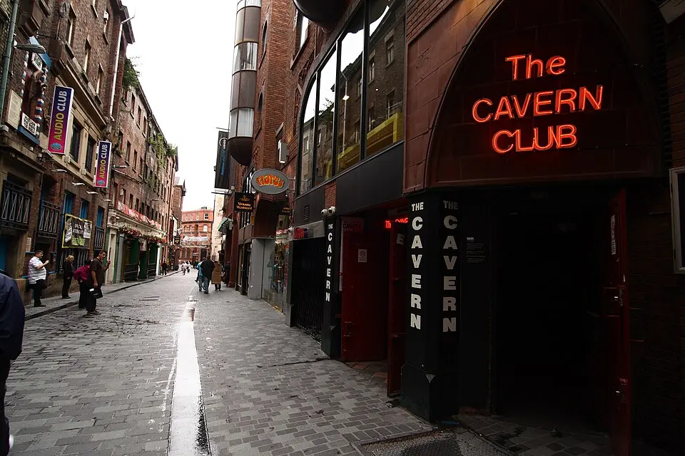 The Cavern Club entrance, with its name written in red neon lights
