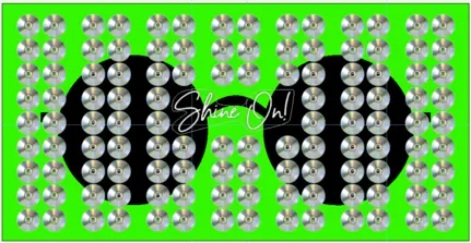 Draft artwork for the Shine On! artwork. A green rectangle with 'Shine On' written in the middle and a painting of John Lennon's sunglasses