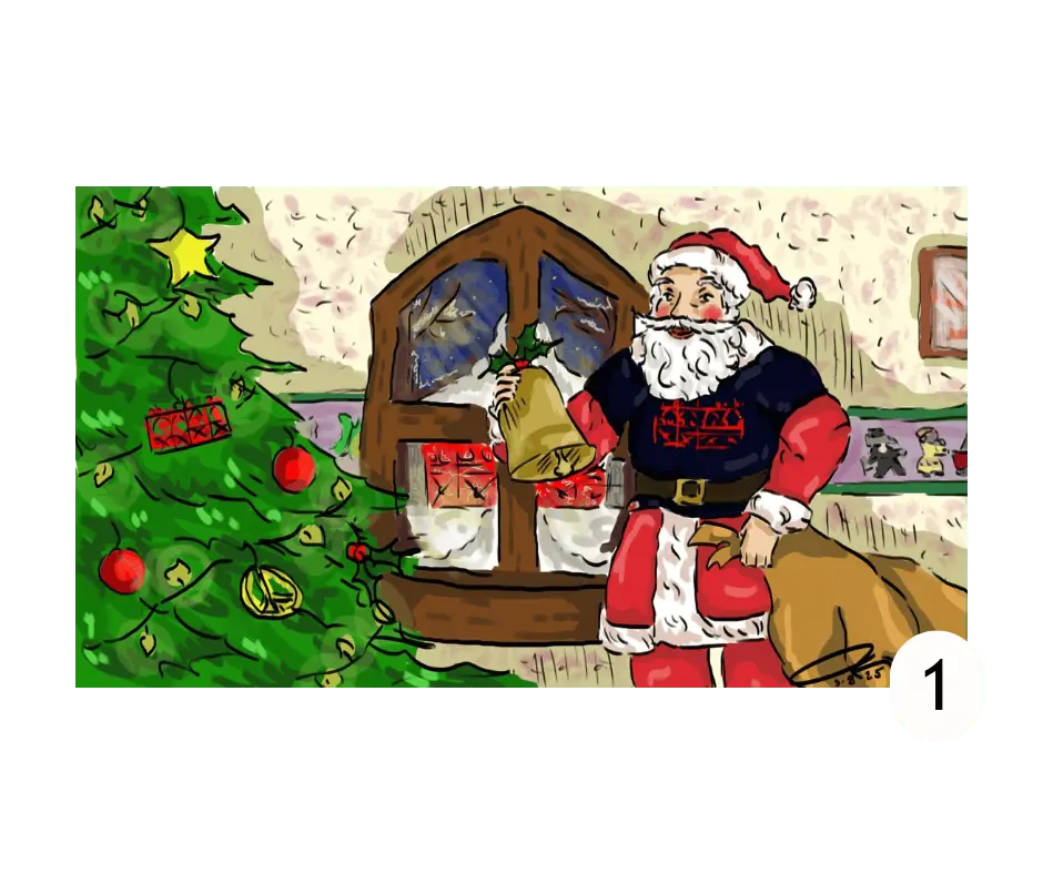 Christmas card depicting Father Christmas wearing a Strawberry Field tshirt, holding a bell next to a Christmas tree.