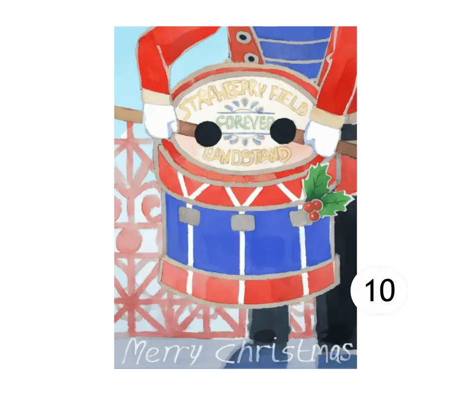 Christmas card depicting a person playing a Sgt Pepper/Strawberry Field bandstand style drum with the Strabwerry Field gates in the background