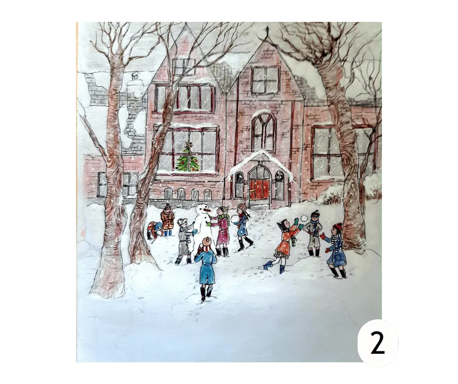 Christmas card depicting children playing in the snow, in the grounds of the Victorian Strawberry Field building