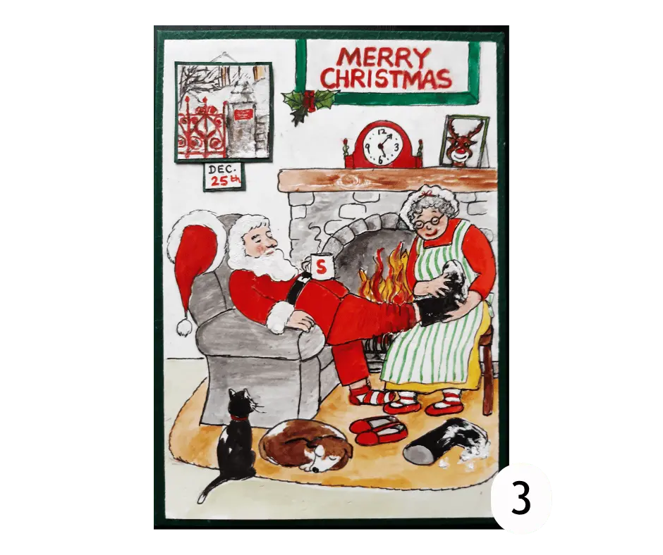 Christmas card depicting Father Christmas sat in an arm chair, getting his feet rubbed by Mrs Claus. There is a Strawberry Field calendar on the wall.