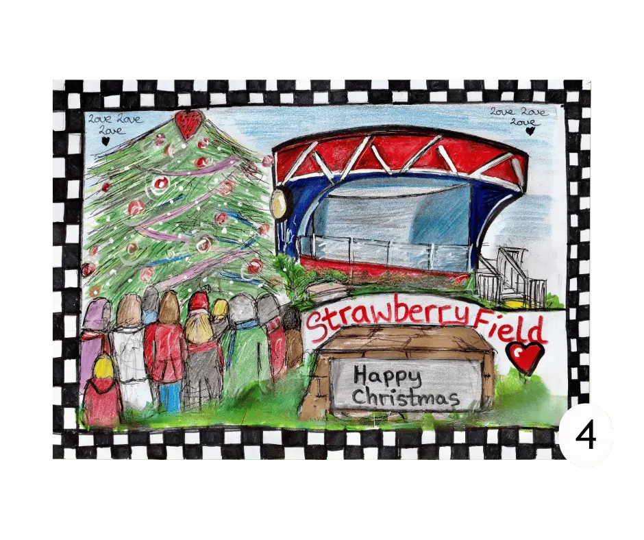 Christmas card depicting people stood by the Strawberry Field bandstand, with a large Christmas tree in the background