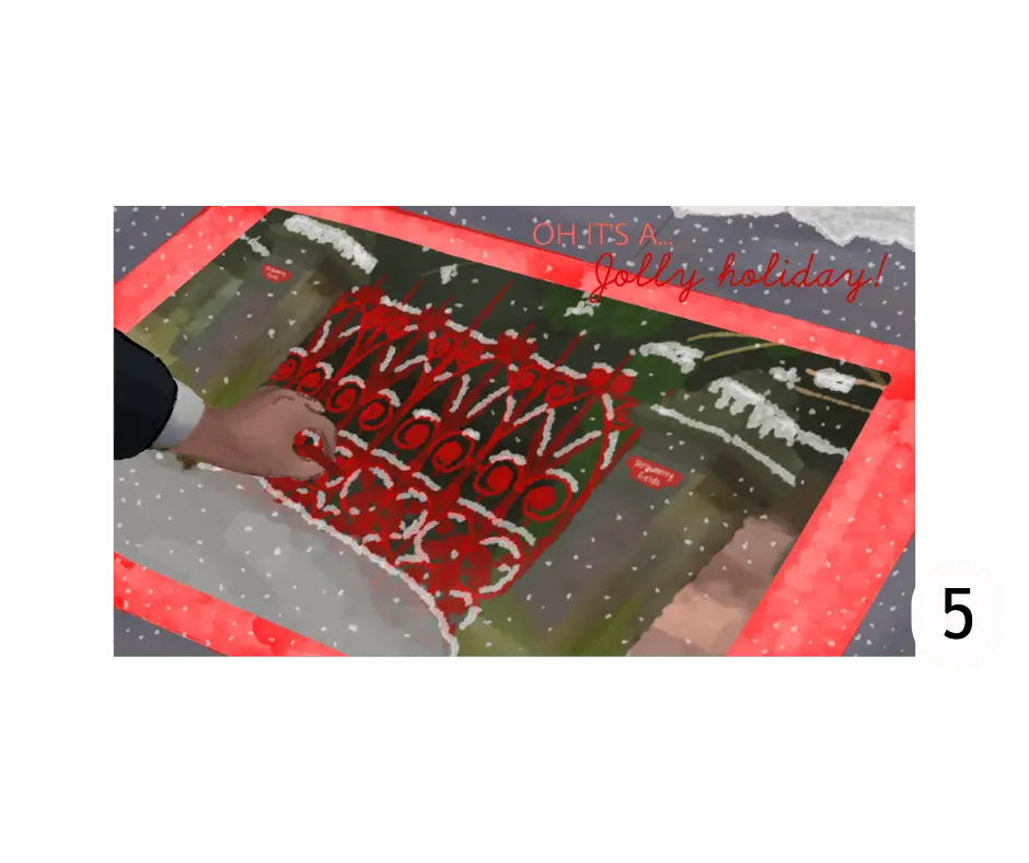 Christmas card depicting someone drawing the Strawberry Field gates on the floor in chalk