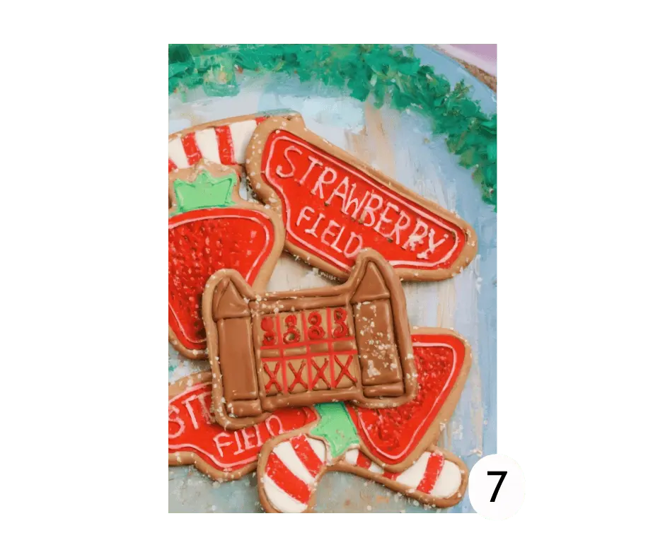 Christmas card depicting Strawberry Field gingerbread biscuits