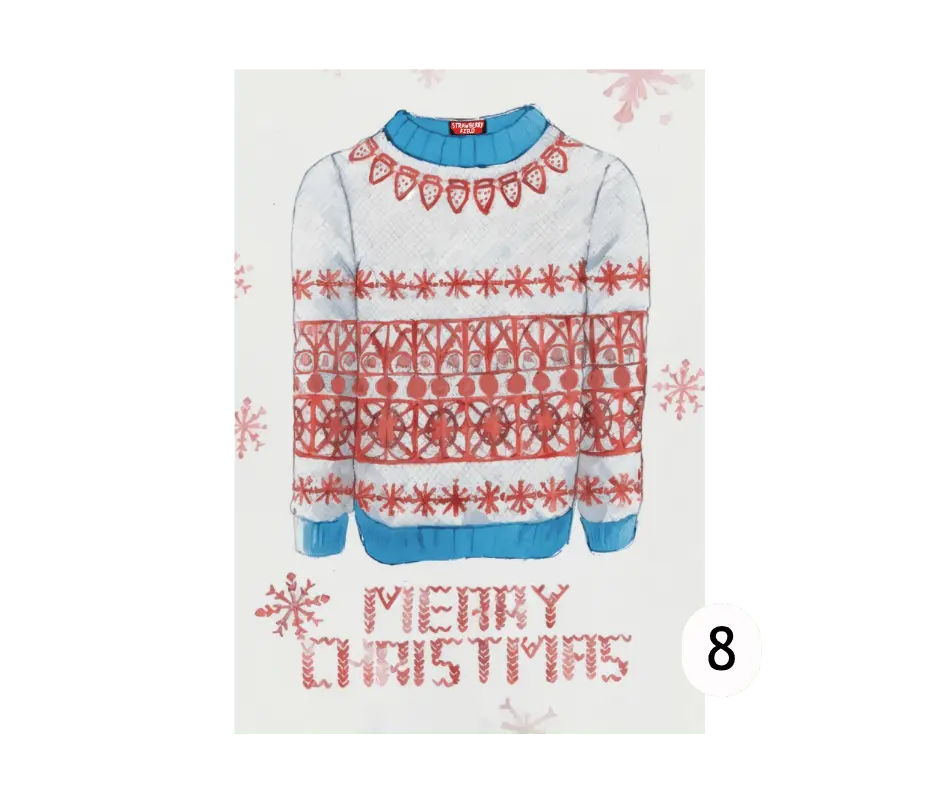Christmas card depicting a Strawberry Field Christmas jumper