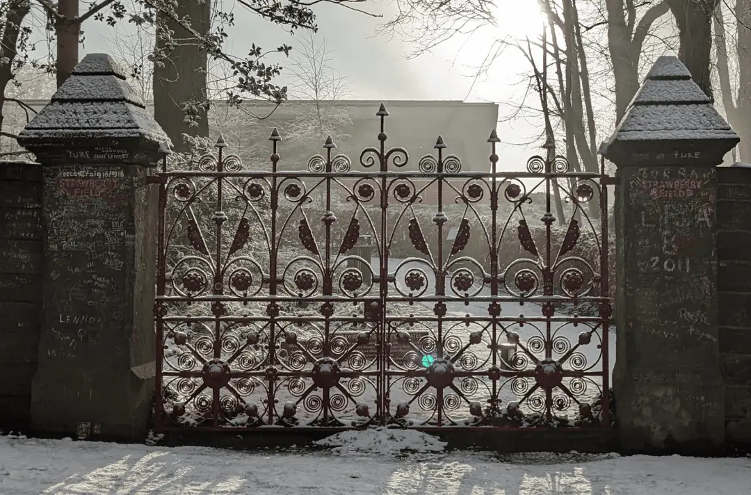 Snowy scene at the Strawberry Field gates