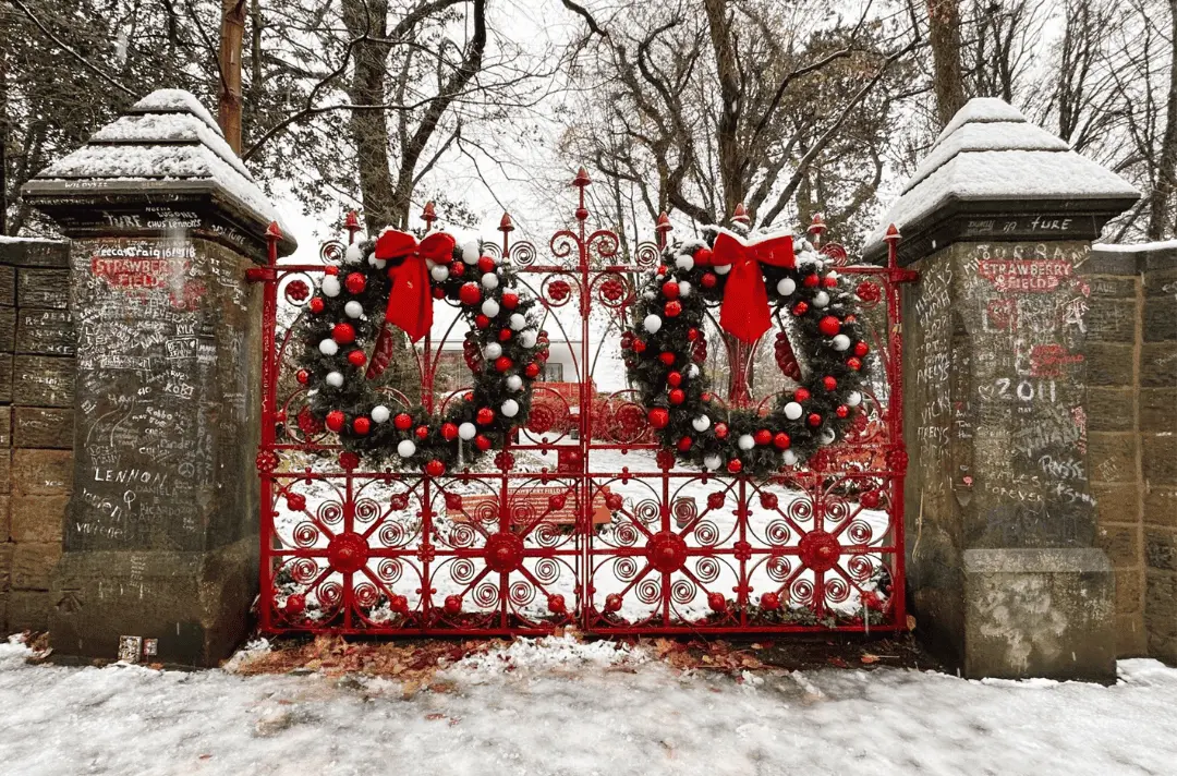 Christmas wreaths on the Strawberry Field gates